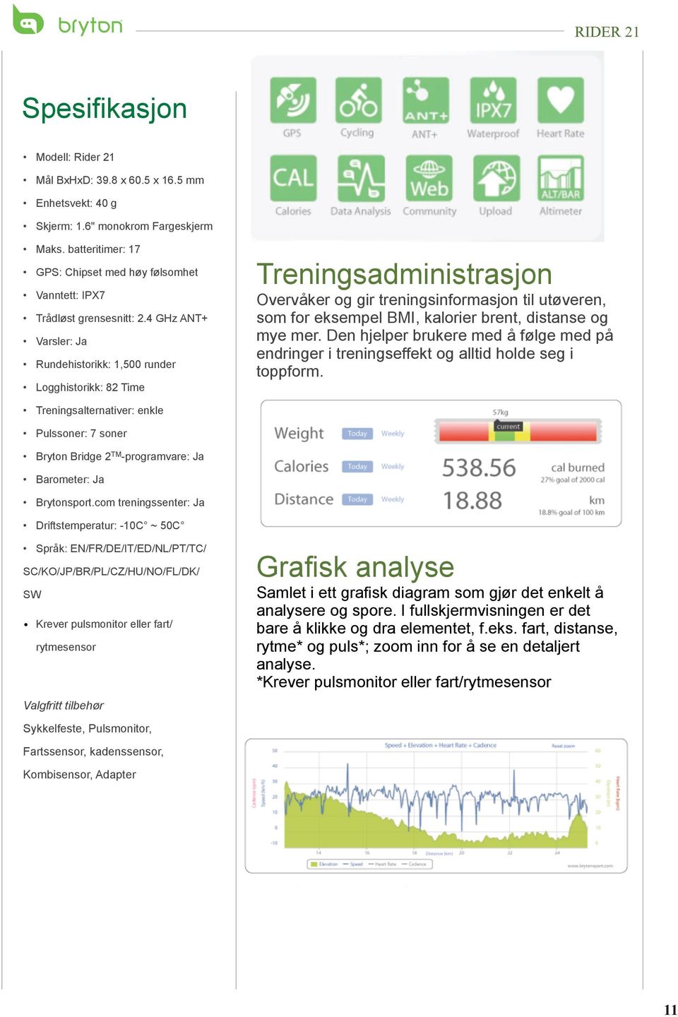 4 GHz ANT+ Varsler: Ja Rundehistorikk: 1,500 runder Logghistorikk: 82 Time Treningsadministrasjon Overvåker og gir treningsinformasjon til utøveren, som for eksempel BMI, kalorier brent, distanse og