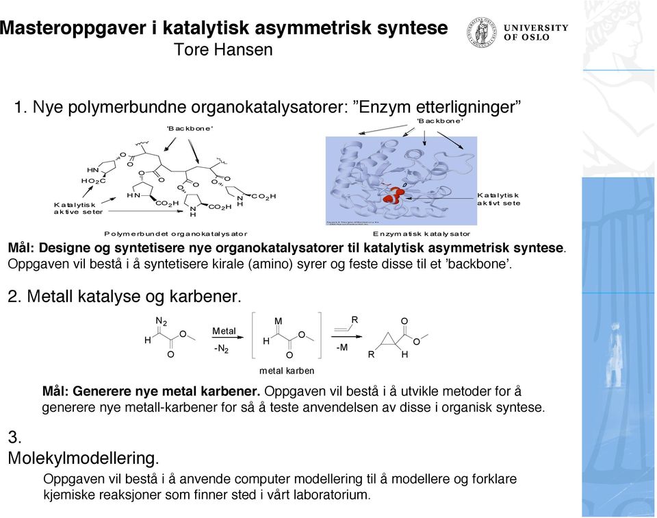 ator E nzym atisk k ataly sator Mål: Designe og syntetisere nye organokatalysatorer til katalytisk asymmetrisk syntese.