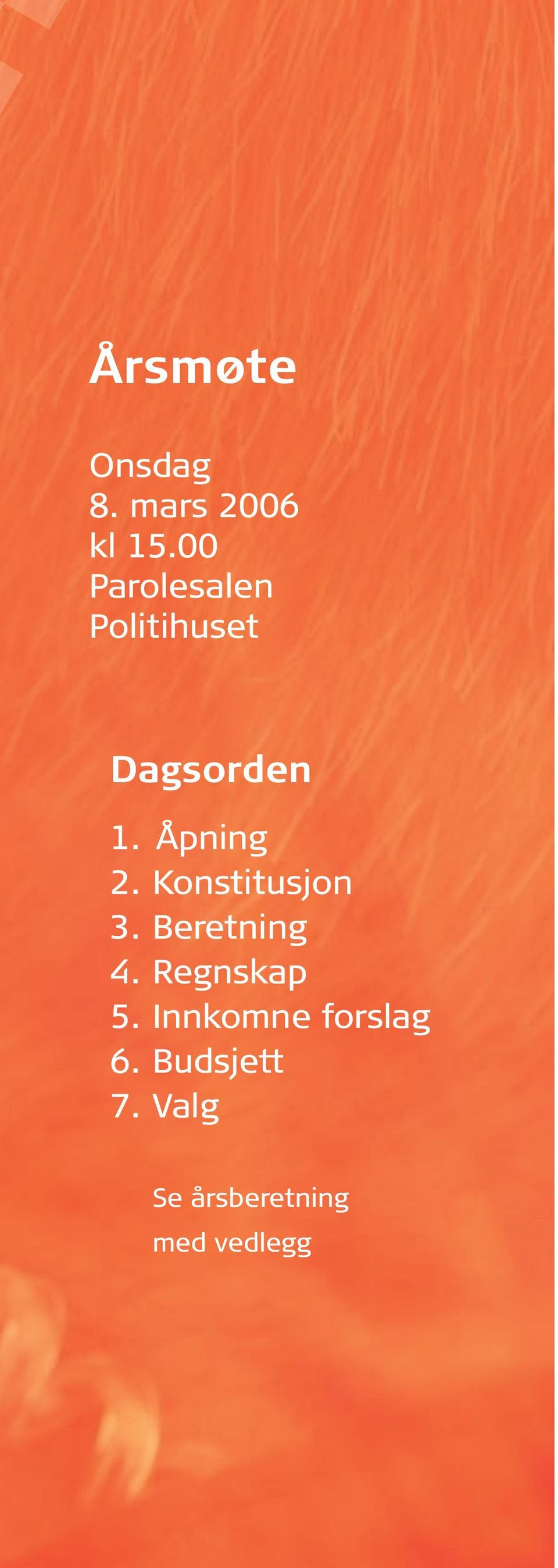 Åpning 2. Konstitusjon 3. Beretning 4.