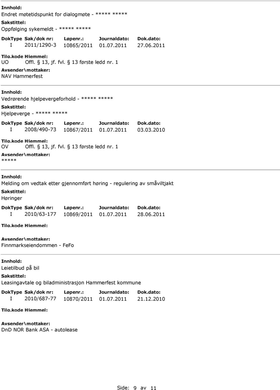 03.2010 OV nnhold: Melding om vedtak etter gjennomført høring - regulering av småviltjakt Høringer 2010/63-177 10869/2011 28.