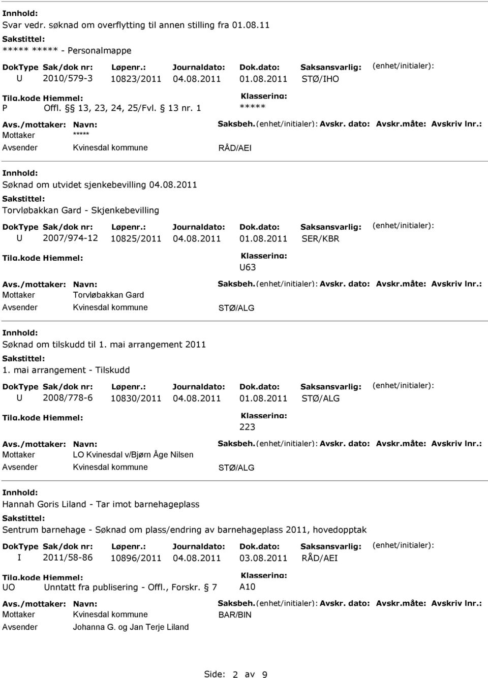 : Mottaker ***** RÅD/AE nnhold: Søknad om utvidet sjenkebevilling Torvløbakkan Gard - Skjenkebevilling 2007/974-12 10825/2011 SER/KBR 63 Avs.