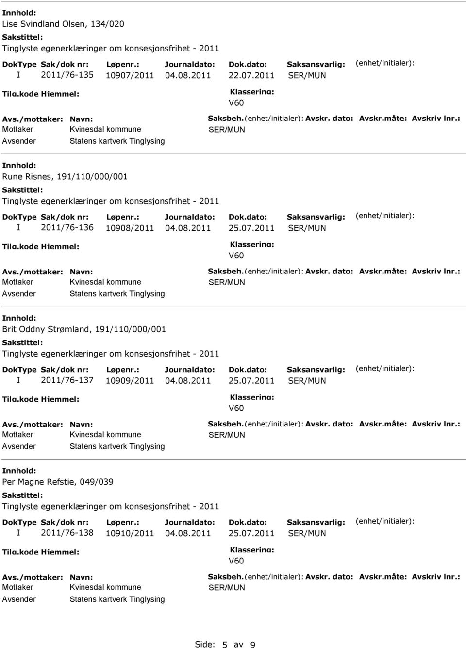 måte: Avskriv lnr.: nnhold: Brit Oddny Strømland, 191/110/000/001 2011/76-137 10909/2011 Avs./mottaker: Navn: Saksbeh. Avskr. dato: Avskr.