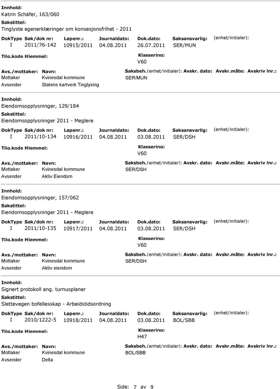 : Aktiv Eiendom nnhold: Eiendomsopplysninger, 157/062 Eiendomsopplysninger 2011 - Meglere 2011/10-135 10917/2011 Avs./mottaker: Navn: Saksbeh. Avskr. dato: Avskr.