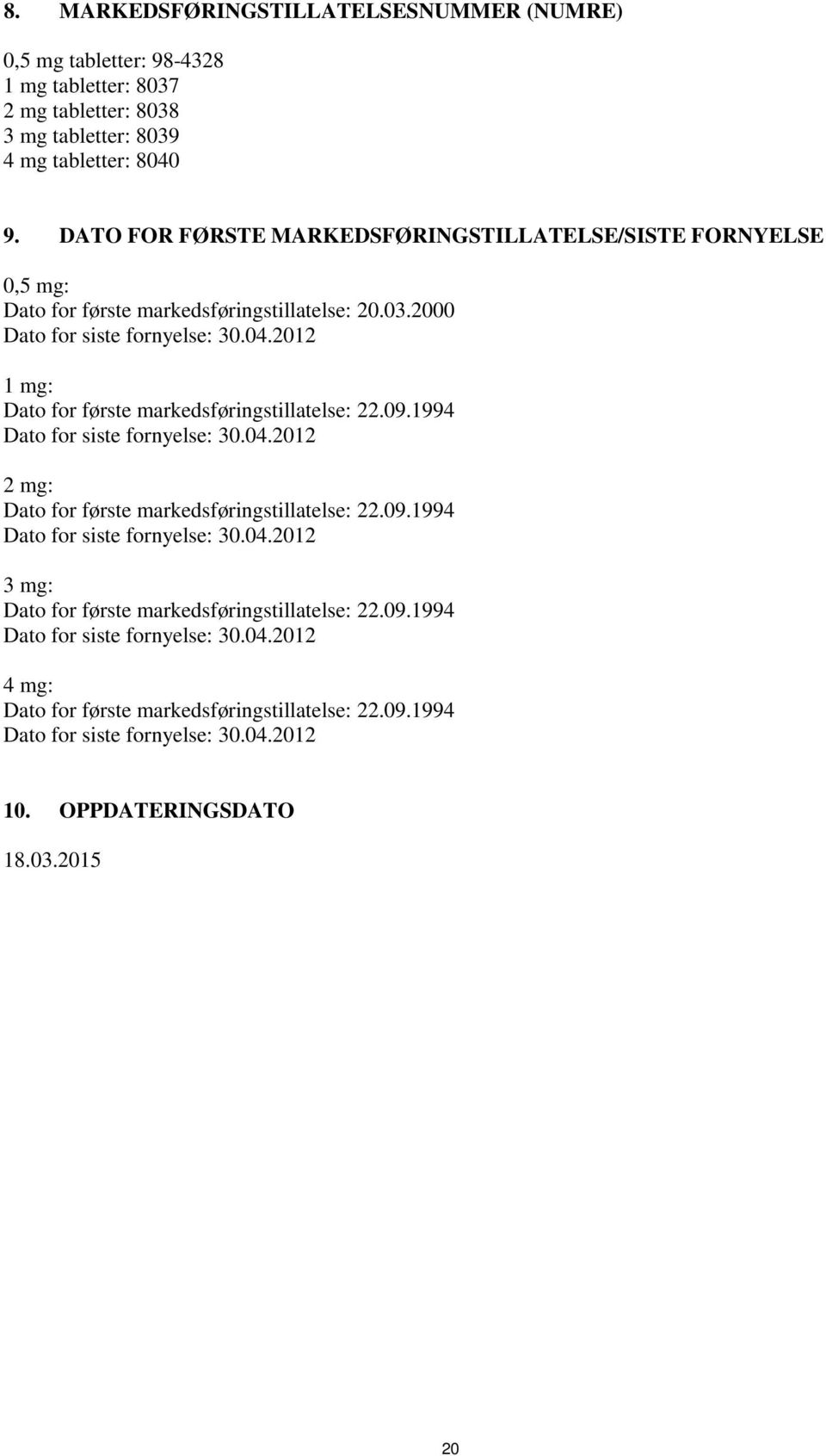 2012 1 mg: Dato for første markedsføringstillatelse: 22.09.1994 Dato for siste fornyelse: 30.04.2012 2 mg: Dato for første markedsføringstillatelse: 22.09.1994 Dato for siste fornyelse: 30.04.2012 3 mg: Dato for første markedsføringstillatelse: 22.