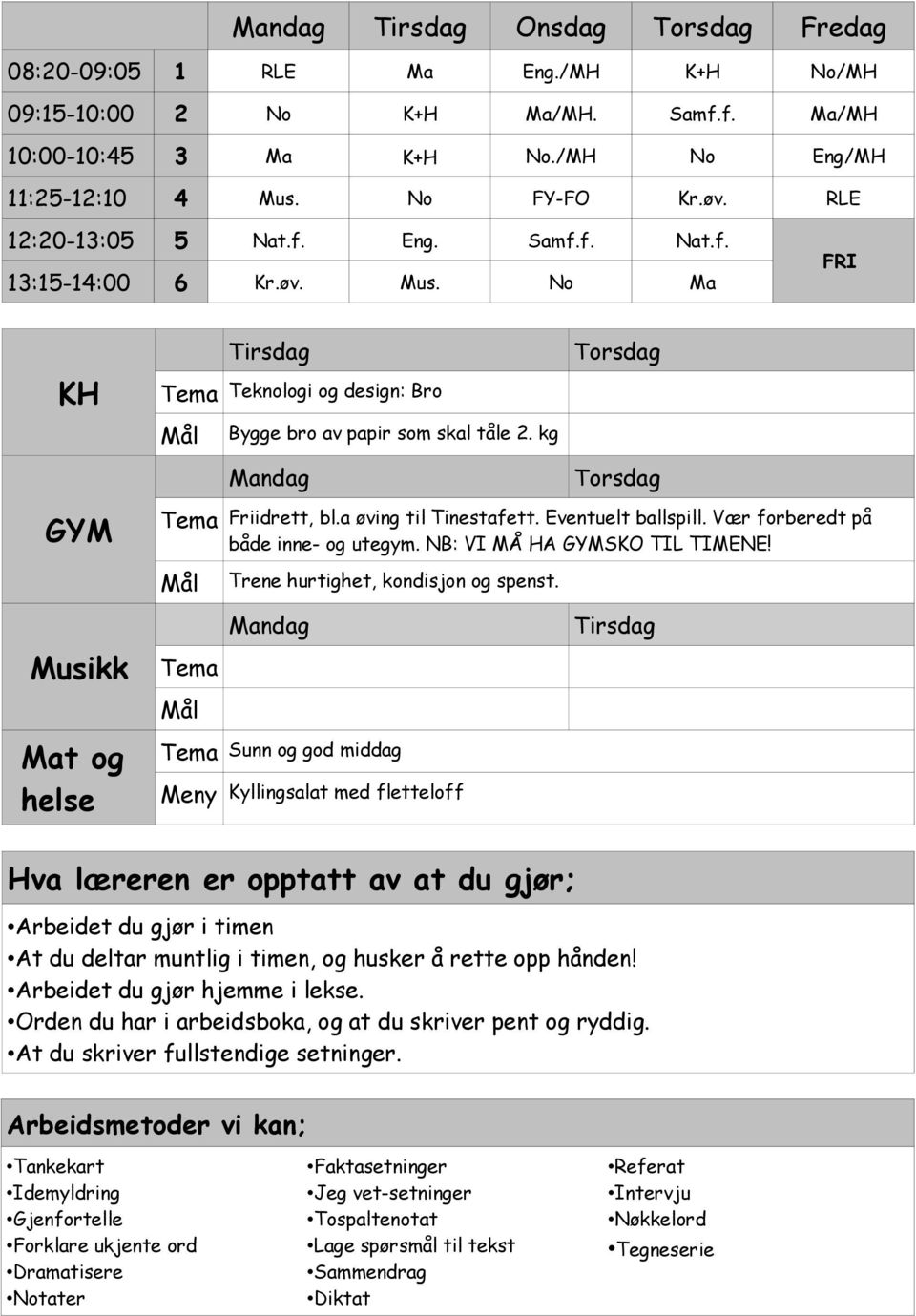 kg Mandag Torsdag Torsdag Friidrett, bl.a øving til Tinestafett. Eventuelt ballspill. Vær forberedt på både inne- og utegym. NB: VI MÅ HA GYMSKO TIL TIMENE! Trene hurtighet, kondisjon og spenst.