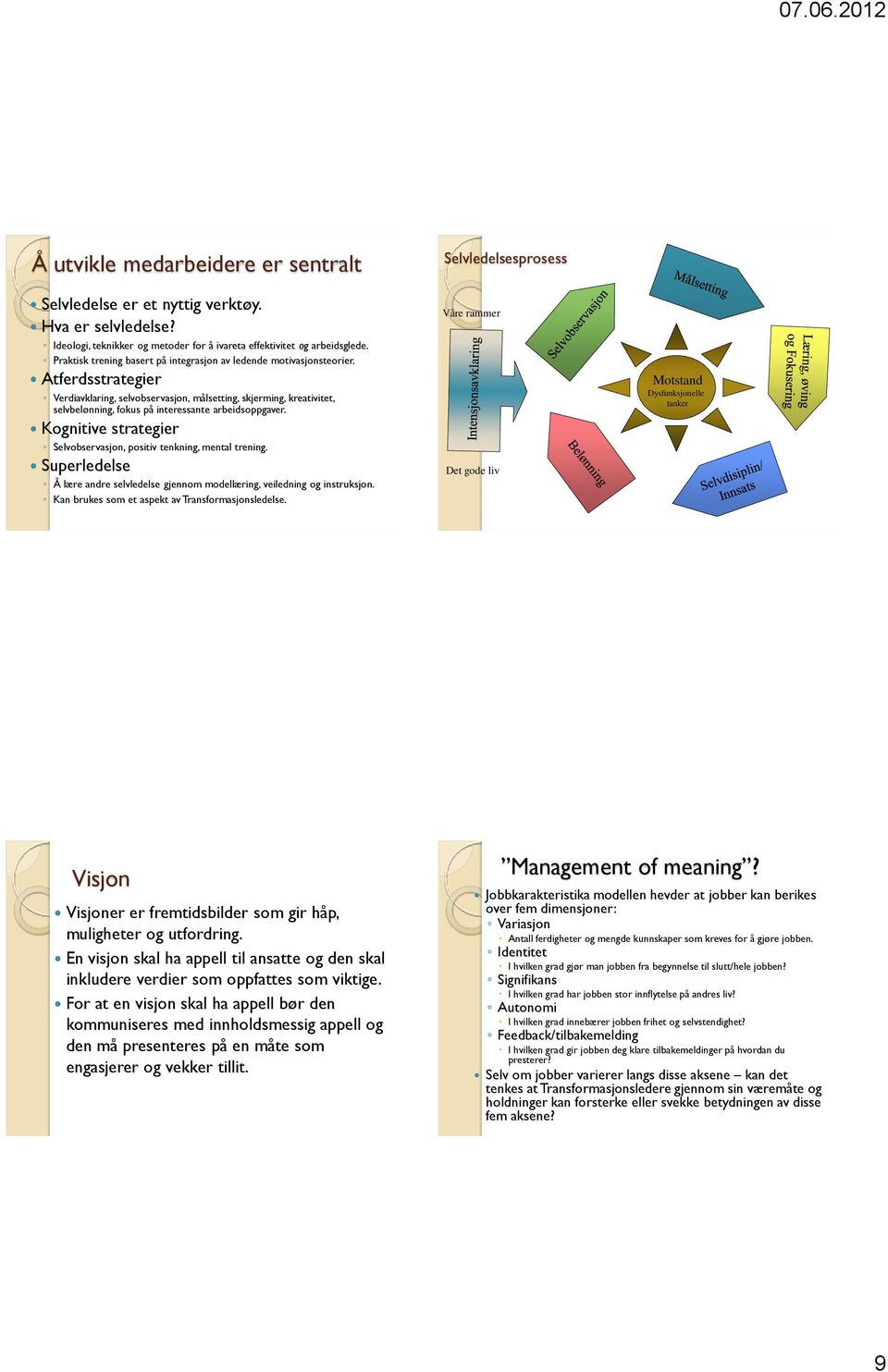 Atferdsstrategier Verdiavklaring, selvobservasjon, målsetting, skjerming, kreativitet, selvbelønning, fokus på interessante arbeidsoppgaver.