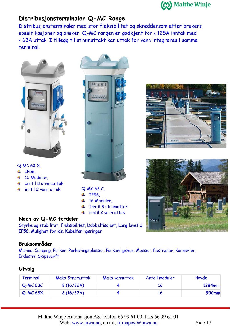 Q-MC 63 X, IP56, 16 Moduler, Inntil 8 strømuttak inntil 2 vann uttak Q-MC 63 C, IP56, 16 Moduler, Inntil 8 strømuttak inntil 2 vann uttak Noen av Q-MC fordeler Styrke og stabilitet, Fleksibilitet,