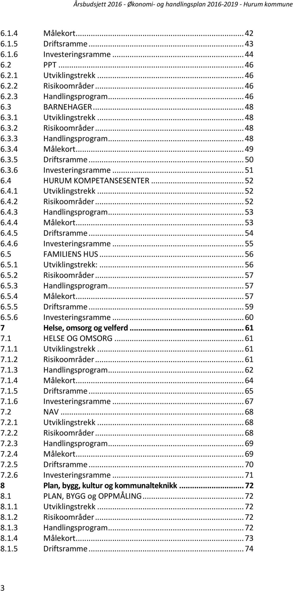 4.6 Investeringsramme... 55 6.5 FAMILIENS HUS... 56 6.5.1 Utviklingstrekk:... 56 6.5.2 Risikoområder... 57 6.5.3 Handlingsprogram... 57 6.5.4 Målekort... 57 6.5.5 Driftsramme... 59 6.5.6 Investeringsramme... 60 7 Helse, omsorg og velferd.