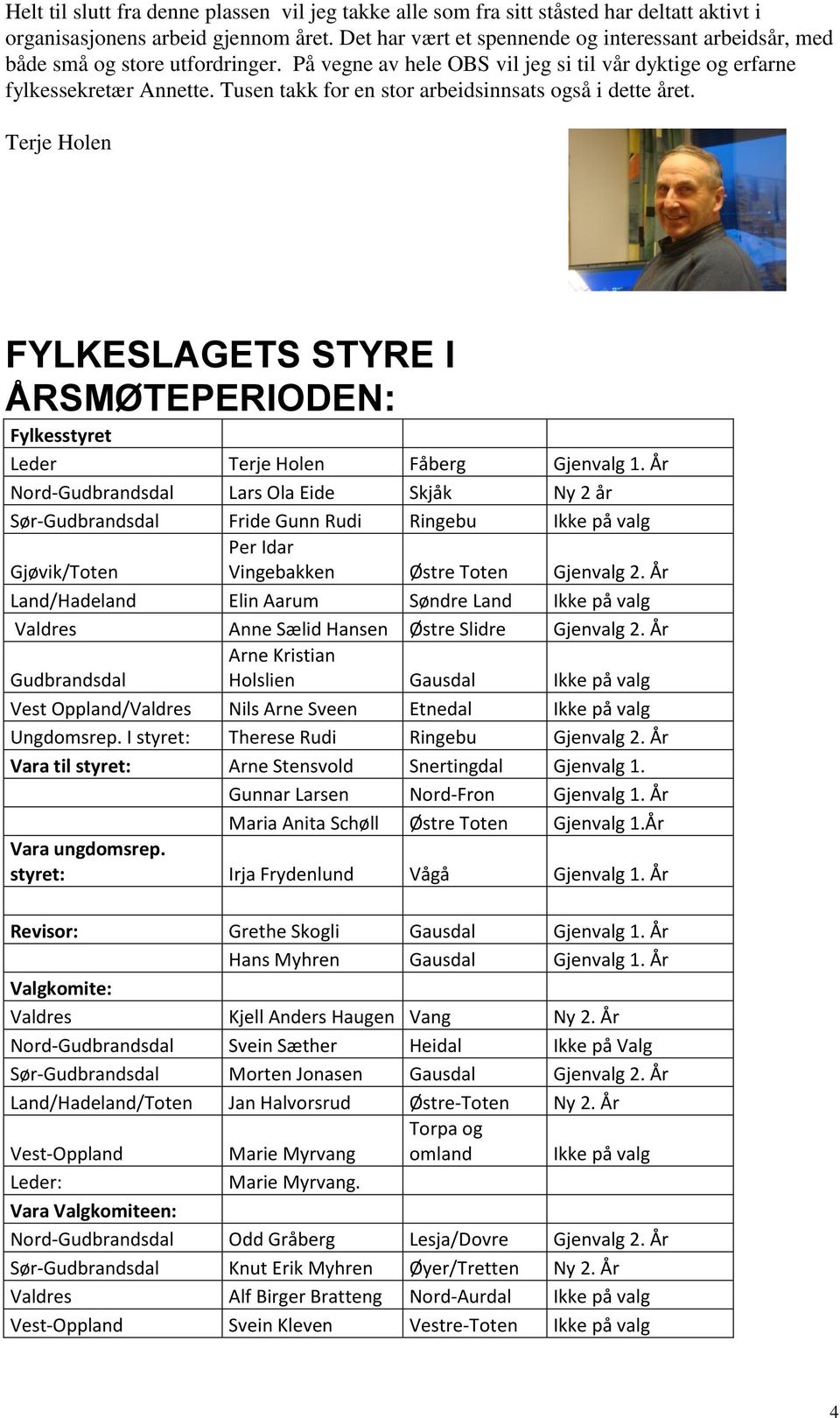 Tusen takk for en stor arbeidsinnsats også i dette året. Terje Holen FYLKESLAGETS STYRE I ÅRSMØTEPERIODEN: Fylkesstyret Leder Terje Holen Fåberg Gjenvalg 1.