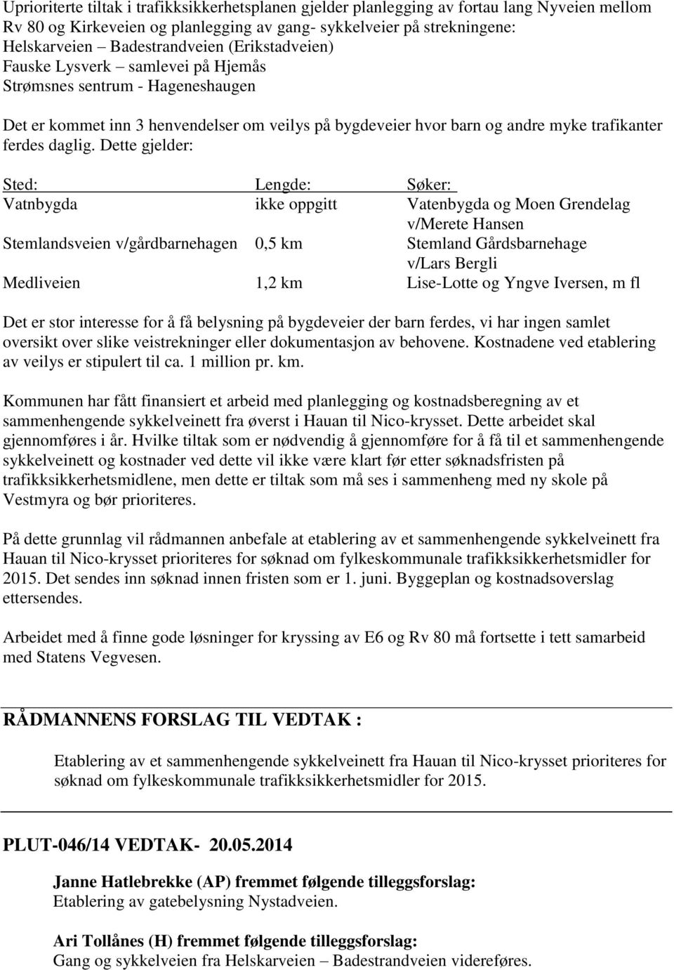 Dette gjelder: Sted: Lengde: Søker: Vatnbygda ikke oppgitt Vatenbygda og Moen Grendelag v/merete Hansen Stemlandsveien v/gårdbarnehagen 0,5 km Stemland Gårdsbarnehage v/lars Bergli Medliveien 1,2 km