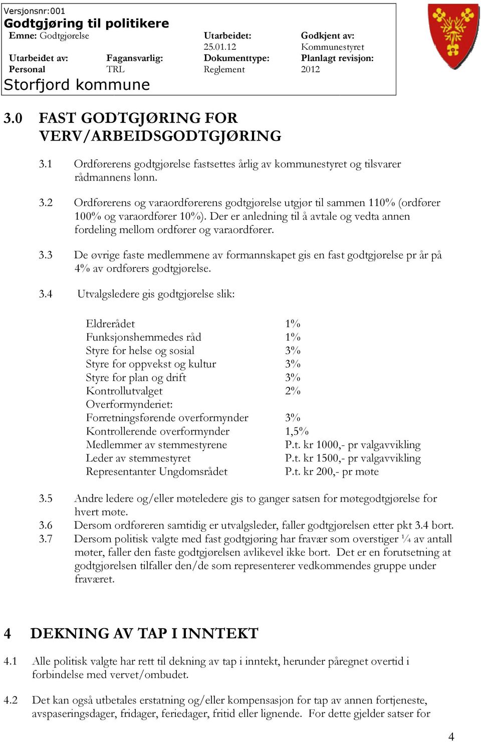 3.4 Utvalgsledere gis godtgjørelse slik: Eldrerådet 1% Funksjonshemmedes råd 1% Styre for helse og sosial 3% Styre for oppvekst og kultur 3% Styre for plan og drift 3% Kontrollutvalget 2%