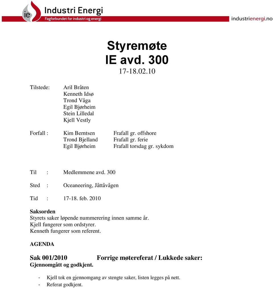 offshore Trond Bjelland Frafall gr. ferie Egil Bjørheim Frafall torsdag gr. sykdom Til : Medlemmene avd. 300 Sted : Oceaneering, Jåttåvågen Tid : 17-18.