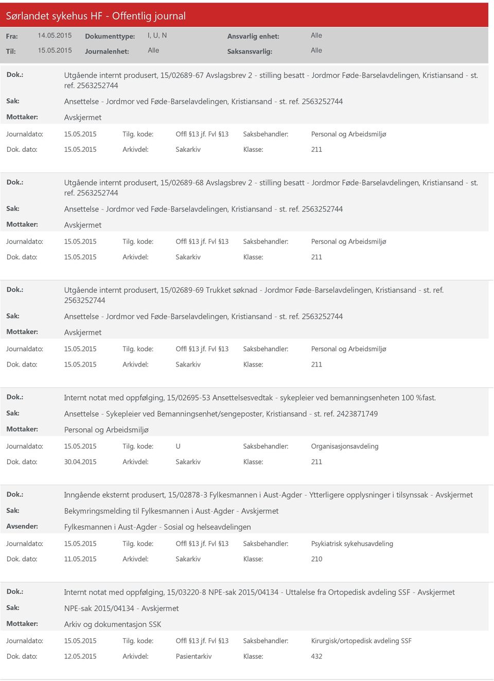 dato: Arkivdel: Sakarkiv tgående internt produsert, 15/02689-68 Avslagsbrev 2 - stilling besatt - Jordmor Føde-Barselavdelingen, Kristiansand - st. ref.