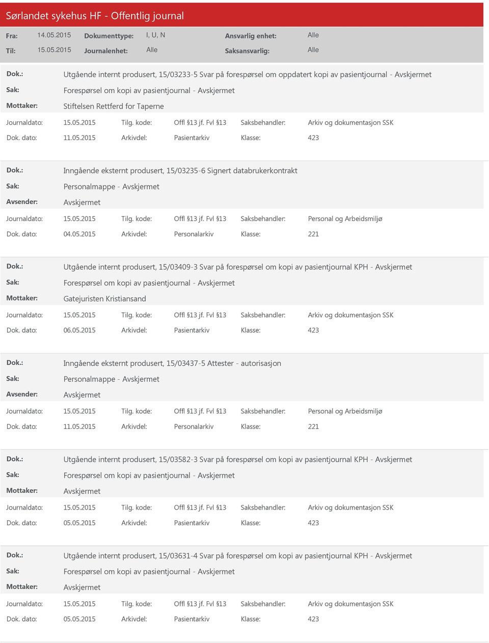 2015 Arkivdel: Personalarkiv tgående internt produsert, 15/03409-3 Svar på forespørsel om kopi av pasientjournal KPH - Forespørsel om kopi av pasientjournal - Gatejuristen Kristiansand Dok. dato: 06.