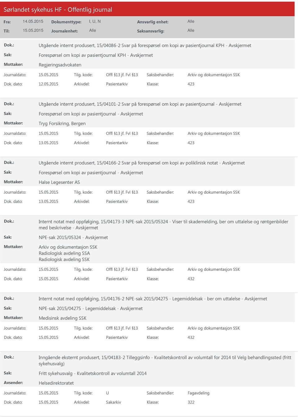 2015 Arkivdel: Pasientarkiv tgående internt produsert, 15/04166-2 Svar på forespørsel om kopi av poliklinisk notat - Forespørsel om kopi av pasientjournal - Halse Legesenter AS Dok. dato: 13.05.