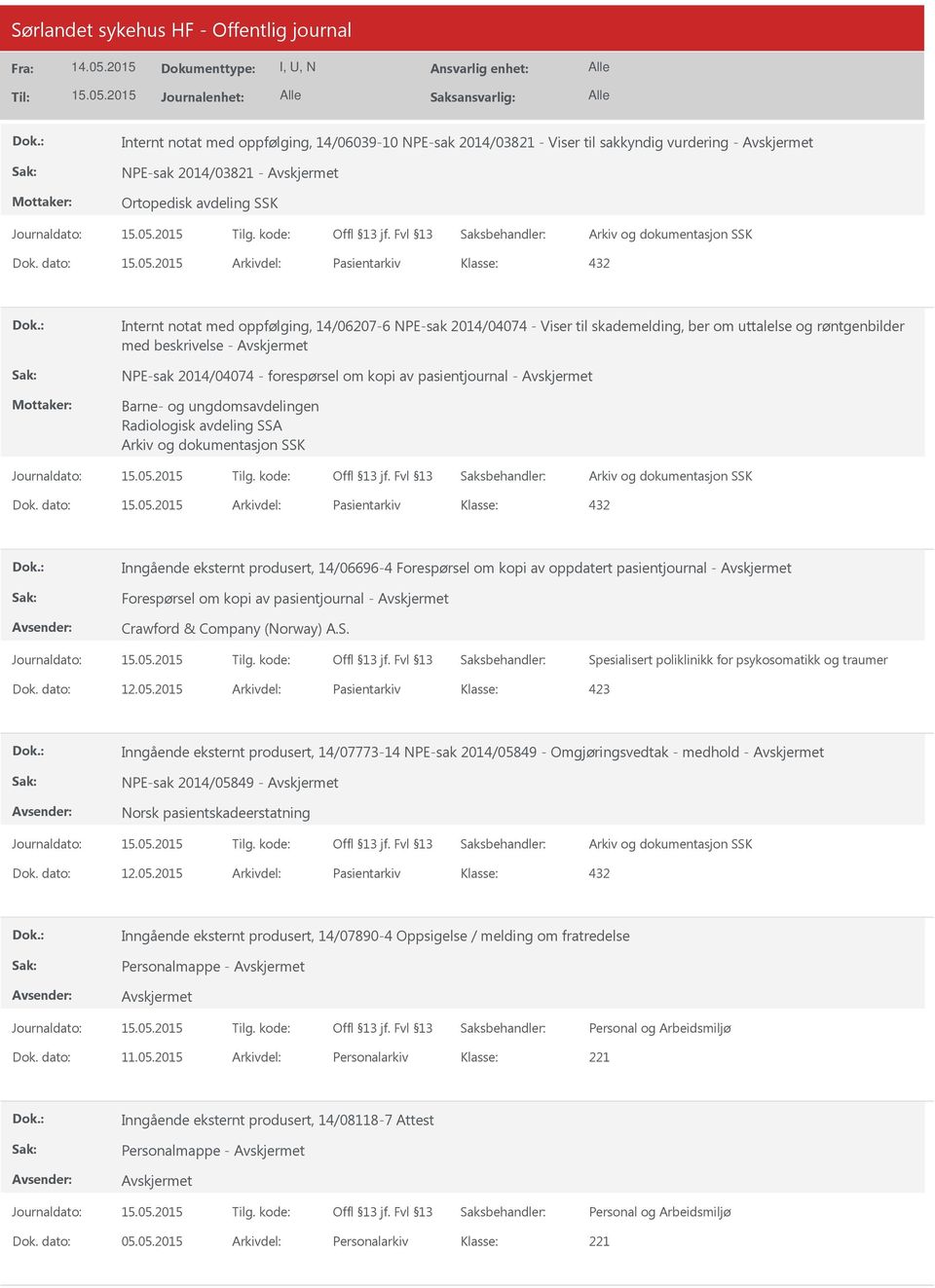 om kopi av pasientjournal - Barne- og ungdomsavdelingen Radiologisk avdeling SSA Dok.