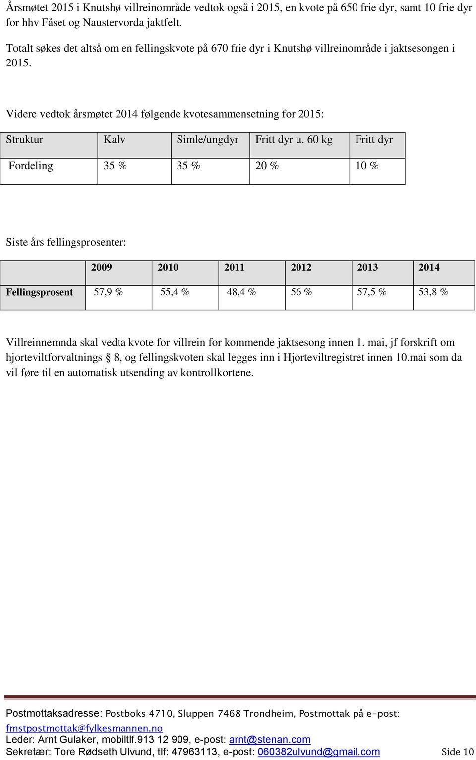 Videre vedtok årsmøtet 2014 følgende kvotesammensetning for 2015: Struktur Kalv Simle/ungdyr Fritt dyr u.