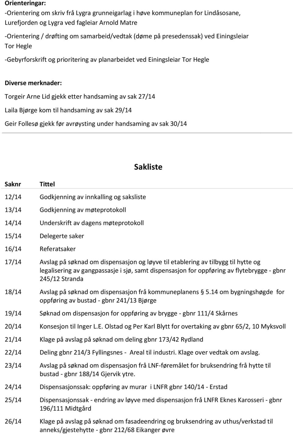 Bjørge kom til handsaming av sak 29/14 Geir Follesø gjekk før avrøysting under handsaming av sak 30/14 Saknr Tittel 12/14 Godkjenning av innkalling og saksliste 13/14 Godkjenning av møteprotokoll