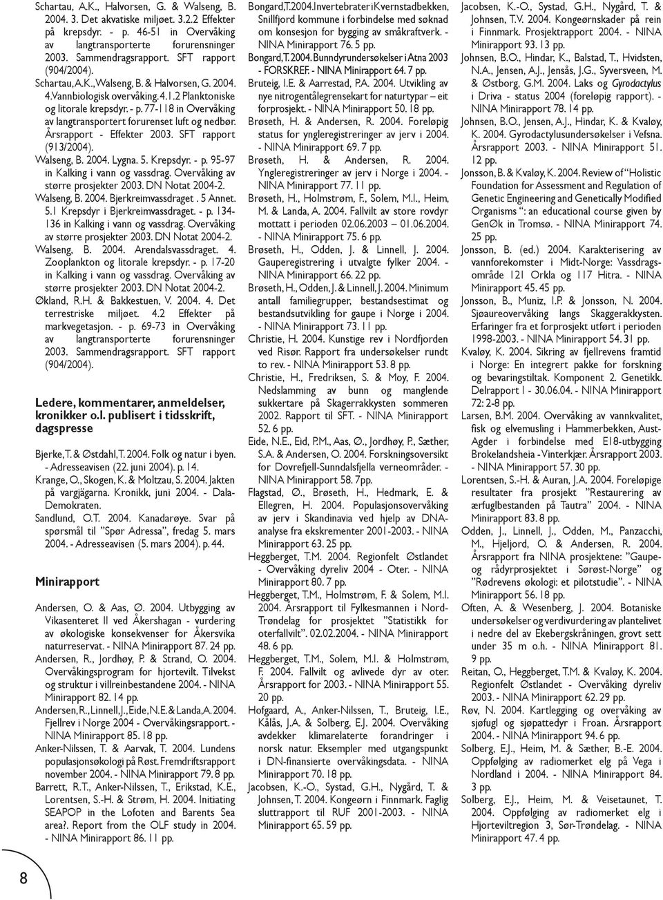 77-118 in Overvåking av langtransportert forurenset luft og nedbør. Årsrapport - Effekter 2003. SFT rapport (913/2004). Walseng, B. Lygna. 5. Krepsdyr. - p. 95-97 in Kalking i vann og vassdrag.