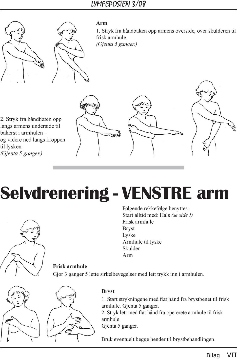 Selvdrenering VENSTRE arm Følgende rekkefølge benyttes: Start alltid med: Hals (se side I) Frisk armhule Bryst Lyske Armhule til lyske Skulder Arm Frisk