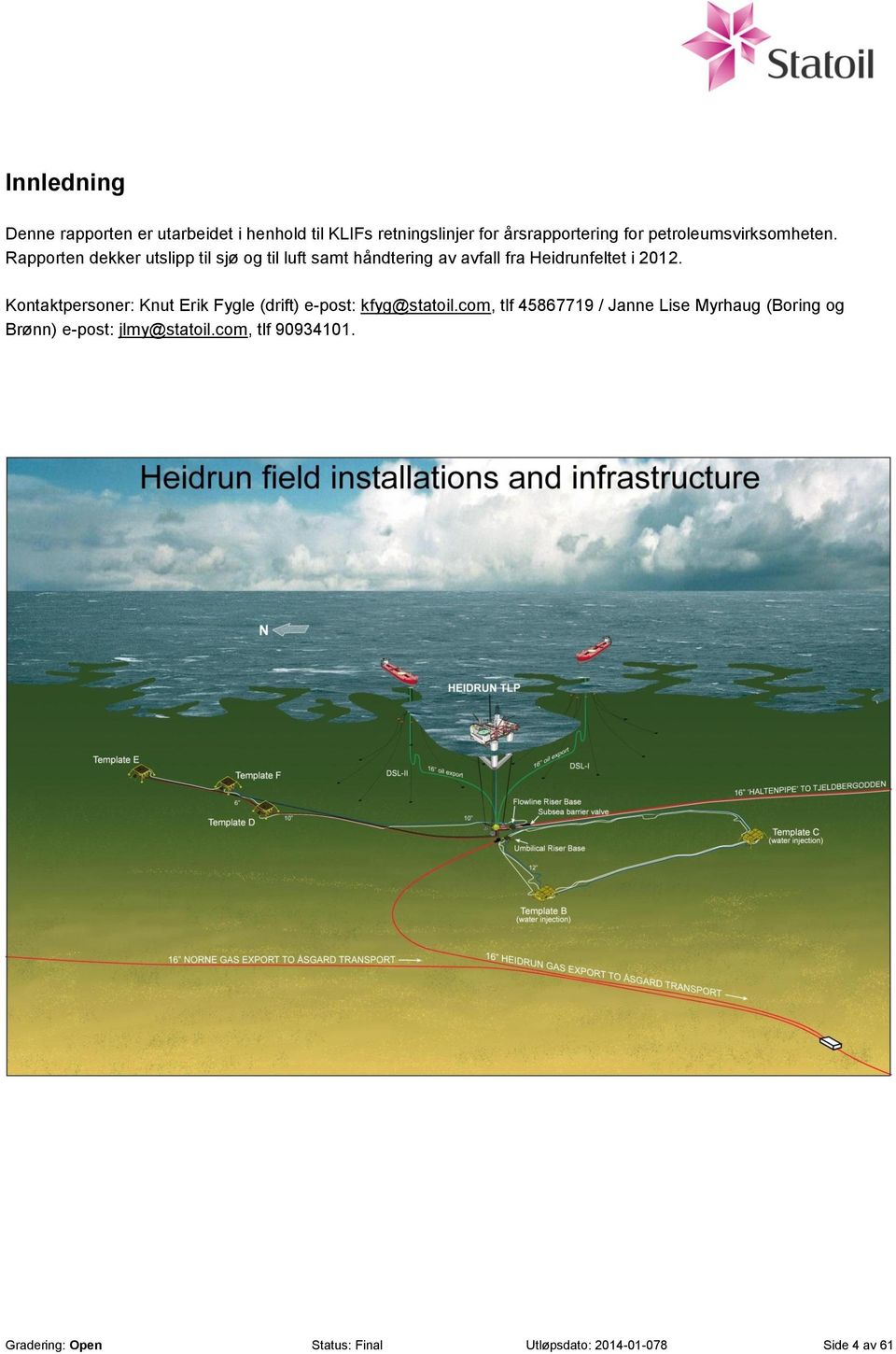 Rapporten dekker utslipp til sjø og til luft samt håndtering av avfall fra Heidrunfeltet i 2012.