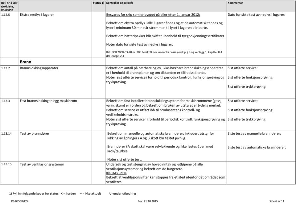 Bekreft om batteripakker blir skiftet i henhold til tyegodkjenningssertifikater. Noter dato for siste test av nødlys i lugarer. Ref. FOR 2000-03-28 nr.