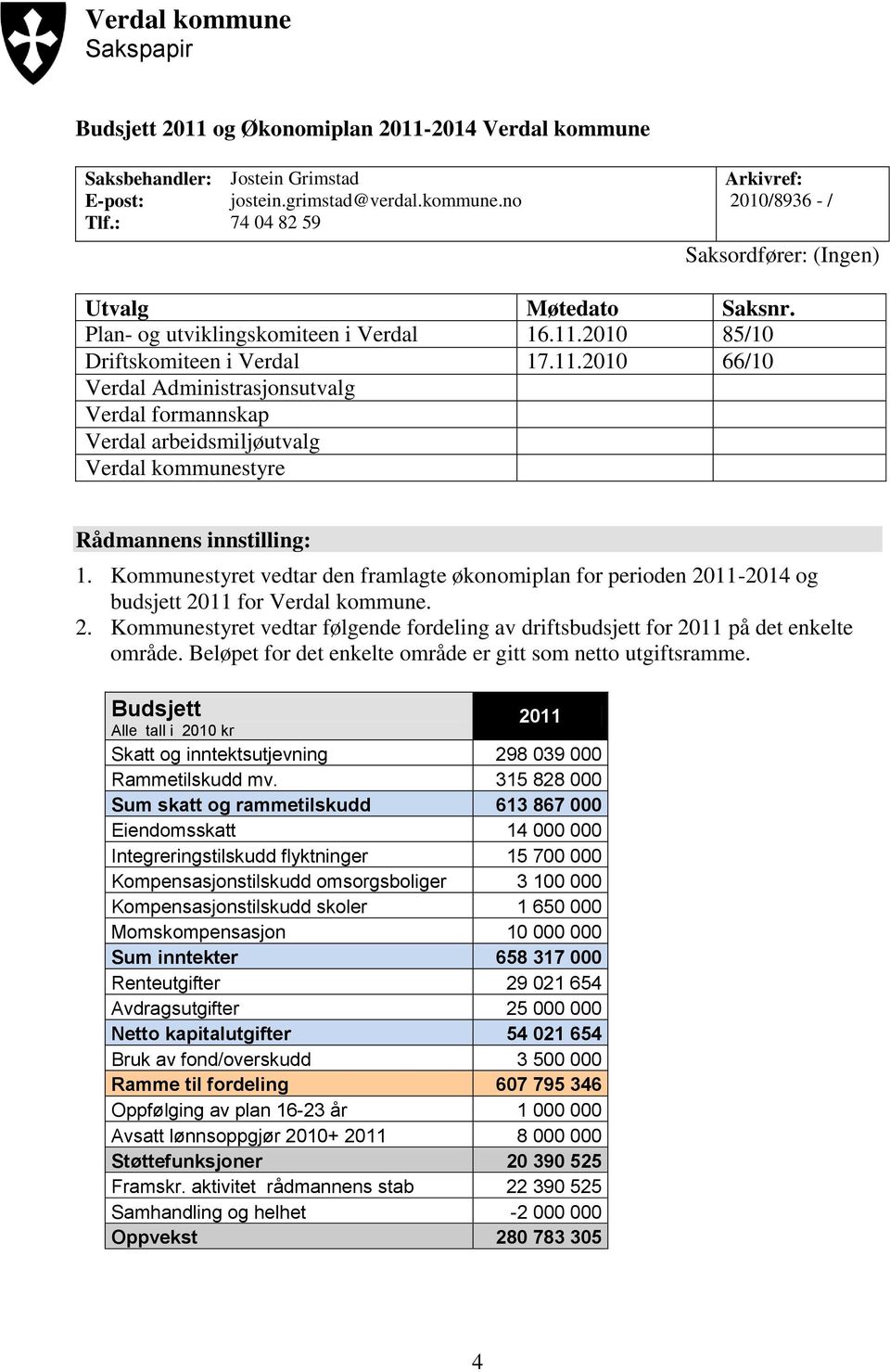 Kommunestyret vedtar den framlagte økonomiplan for perioden 2011-2014 og budsjett 2011 for Verdal kommune. 2. Kommunestyret vedtar følgende fordeling av driftsbudsjett for 2011 på det enkelte område.