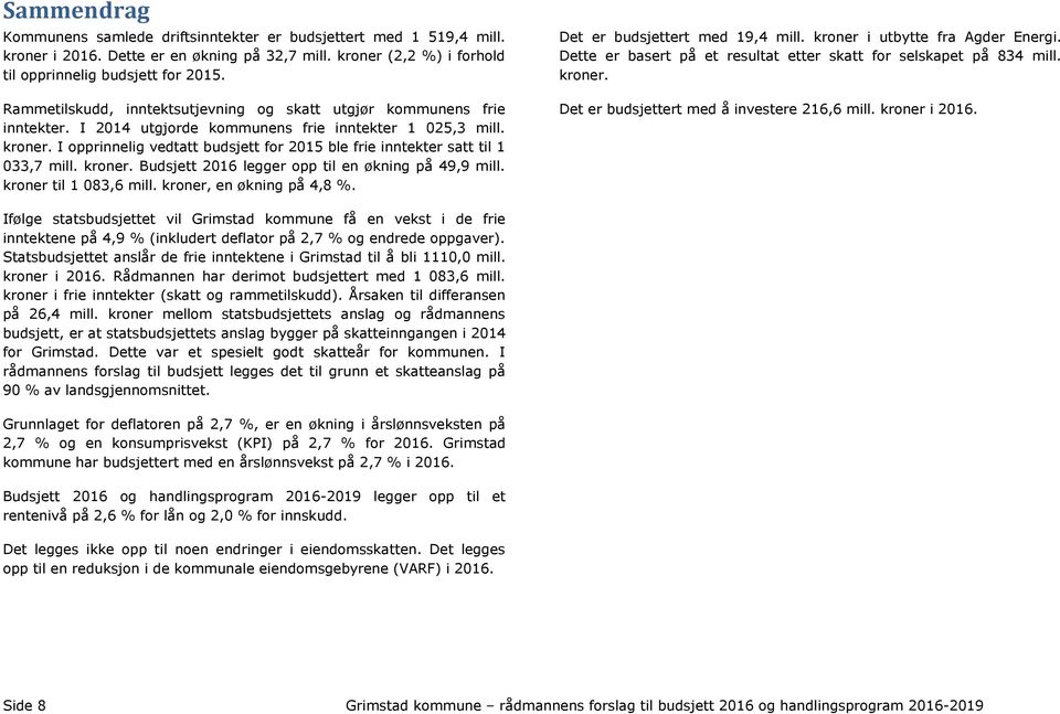 I opprinnelig vedtatt budsjett for 2015 ble frie inntekter satt til 1 033,7 mill. kroner. Budsjett 2016 legger opp til en økning på 49,9 mill. kroner til 1 083,6 mill. kroner, en økning på 4,8 %.