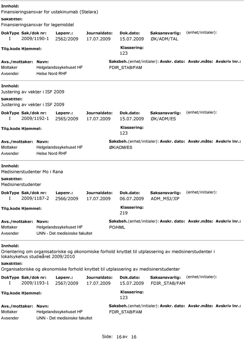 2009 ADM_MSJ/JP 219 PO/HML NN - Det medisinske fakultet nnhold: Orientering om organisatoriske og økonomiske forhold knyttet til utplassering av medisinerstudenter i lokalsykehus