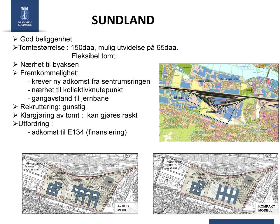 Nærhet til byaksen Fremkommelighet: - krever ny adkomst fra sentrumsringen - nærhet til