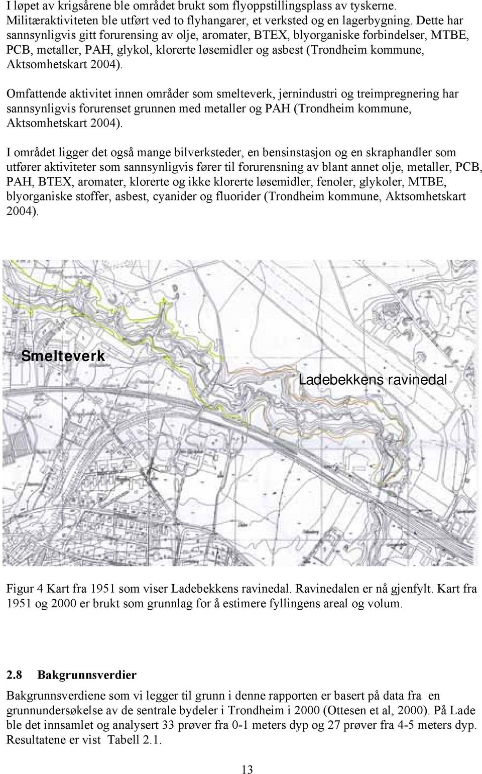 Omfattende aktivitet innen områder som smelteverk, jernindustri og treimpregnering har sannsynligvis forurenset grunnen med metaller og PAH (Trondheim kommune, Aktsomhetskart 2004).