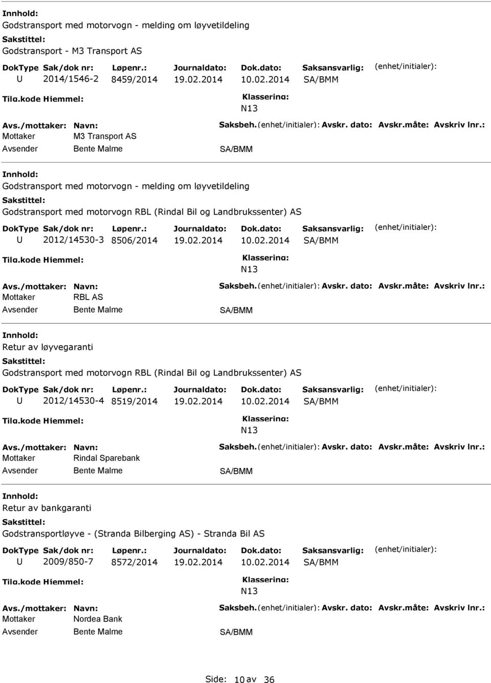 /mottaker: Navn: Saksbeh. Avskr. dato: Avskr.måte: Avskriv lnr.: Mottaker RBL AS Retur av løyvegaranti Godstransport med motorvogn RBL (Rindal Bil og Landbrukssenter) AS 2012/14530-4 8519/2014 10.02.