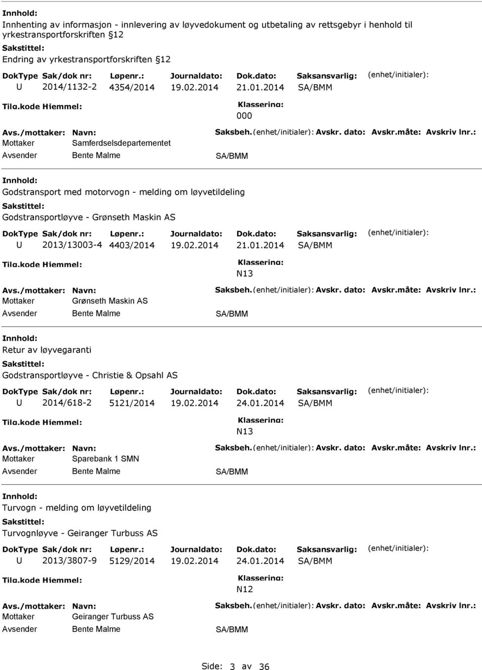 : Mottaker Samferdselsdepartementet Godstransport med motorvogn - melding om løyvetildeling Godstransportløyve - Grønseth Maskin AS 2013/13003-4 4403/2014 21.01.2014 Avs.