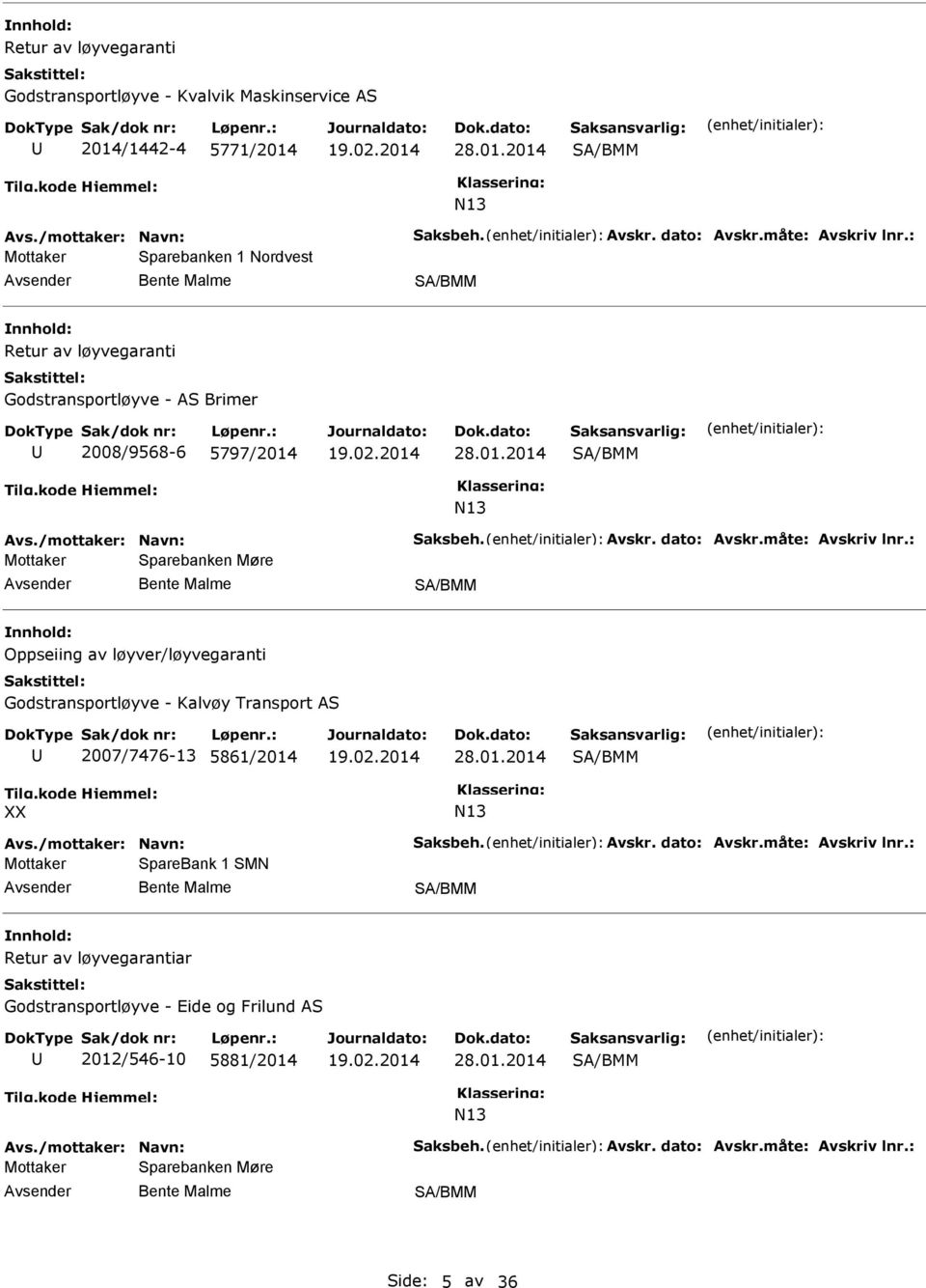 : Mottaker Sparebanken Møre Oppseiing av løyver/løyvegaranti Godstransportløyve - Kalvøy Transport AS 2007/7476-13 5861/2014 28.01.2014 Avs./mottaker: Navn: Saksbeh. Avskr. dato: Avskr.