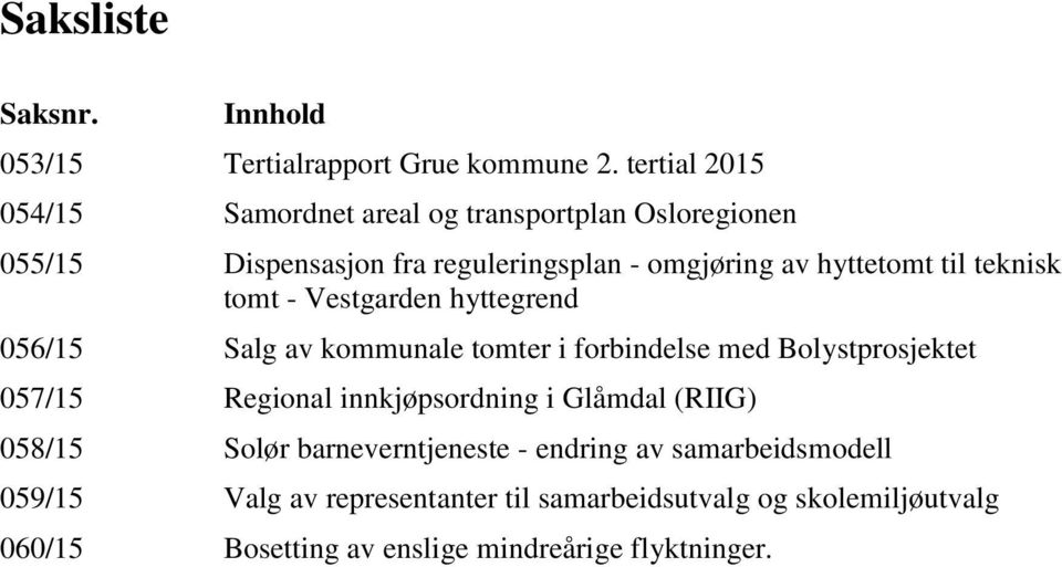 til teknisk tomt - Vestgarden hyttegrend 056/15 Salg av kommunale tomter i forbindelse med Bolystprosjektet 057/15 Regional