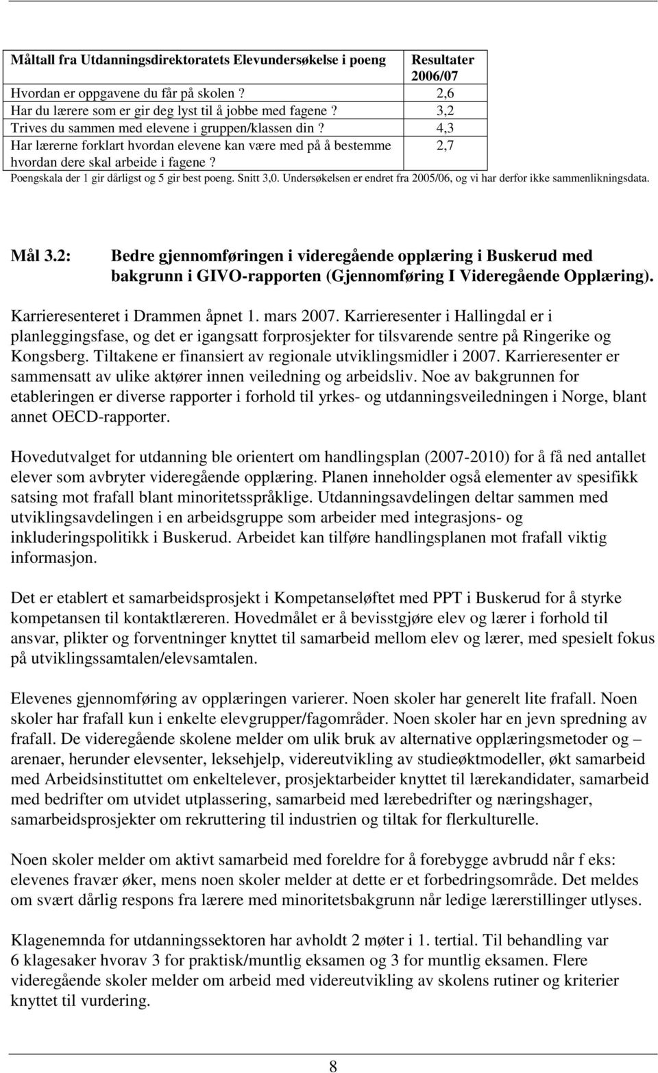 Poengskala der 1 gir dårligst og 5 gir best poeng. Snitt 3,0. Undersøkelsen er endret fra 2005/06, og vi har derfor ikke sammenlikningsdata. Mål 3.