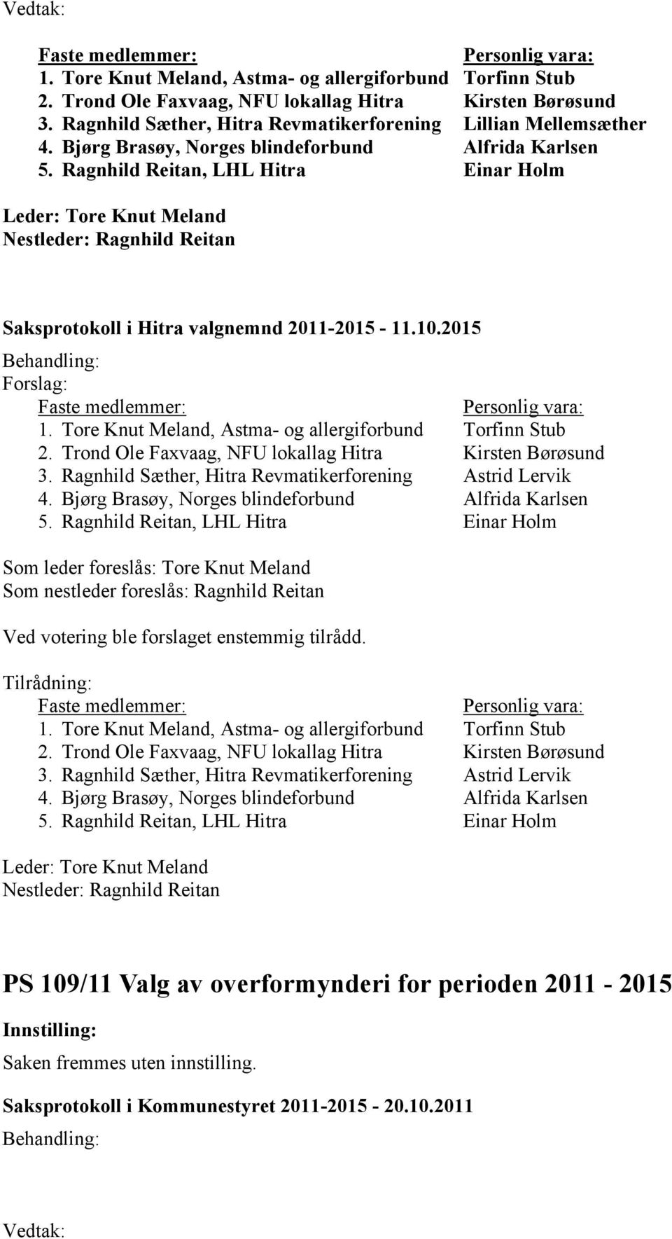 Ragnhild Reitan, LHL Hitra Einar Holm Leder: Tore Knut Meland Nestleder: Ragnhild Reitan Saksprotokoll i Hitra valgnemnd 2011-2015 - 11.10.