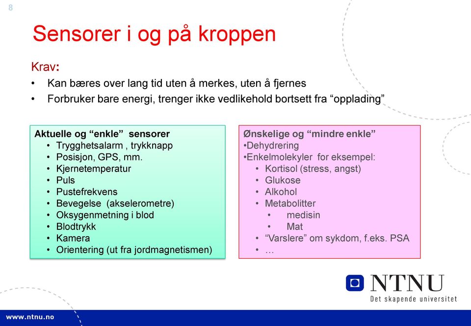 Kjernetemperatur Puls Pustefrekvens Bevegelse (akselerometre) Oksygenmetning i blod Blodtrykk Kamera Orientering (ut fra