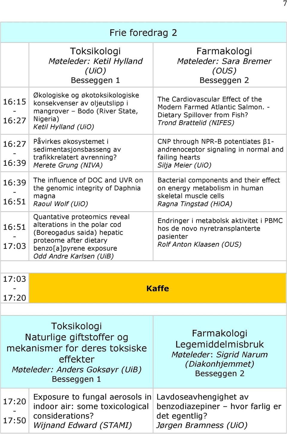 Merete Grung (NIVA) The influence of DOC and UVR on the genomic integrity of Daphnia magna Raoul Wolf (UiO) Quantative proteomics reveal alterations in the polar cod (Boreogadus saida) hepatic