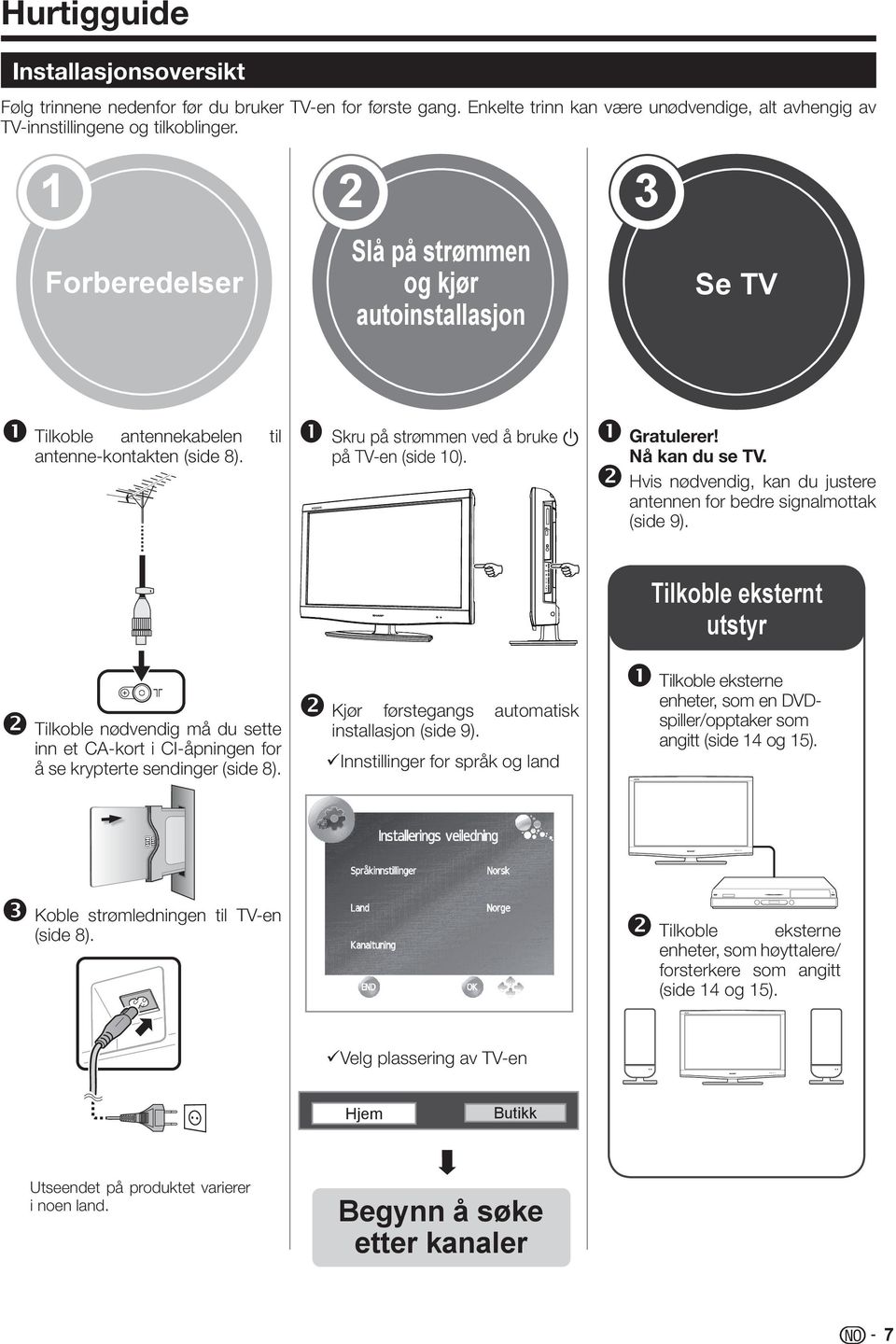 Nå kan du se TV. Hvis nødvendig, kan du justere antennen for bedre signalmottak (side 9).