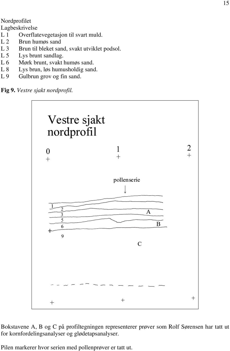 L 6 Mørk brunt, svakt humøs sand. L 8 Lys brun, løs humusholdig sand. L 9 Gulbrun grov og fin sand. Fig 9.