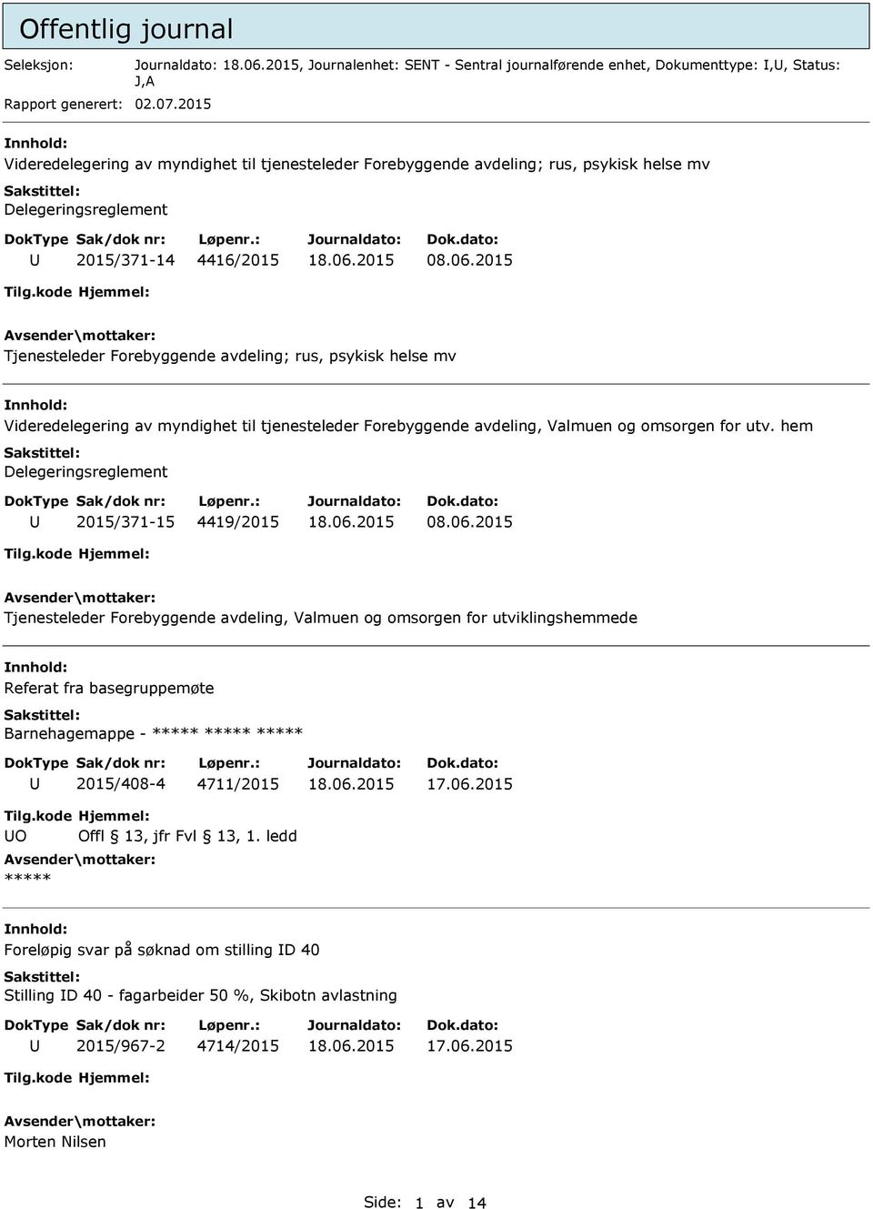 2015 Tjenesteleder Forebyggende avdeling; rus, psykisk helse mv nnhold: Videredelegering av myndighet til tjenesteleder Forebyggende avdeling, Valmuen og omsorgen for utv.