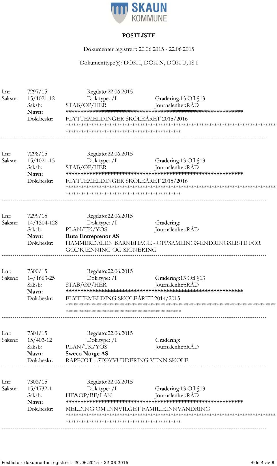 type: /I Gradering: Ruta Entreprenør AS HAMMERDALEN BARNEHAGE - OPPSAMLINGS-ENDRINGSLISTE FOR GODKJENNING OG SIGNERING Lnr: 7300/15 Regdato:22.06.2015 Saksnr: 14/1663-25 Dok.