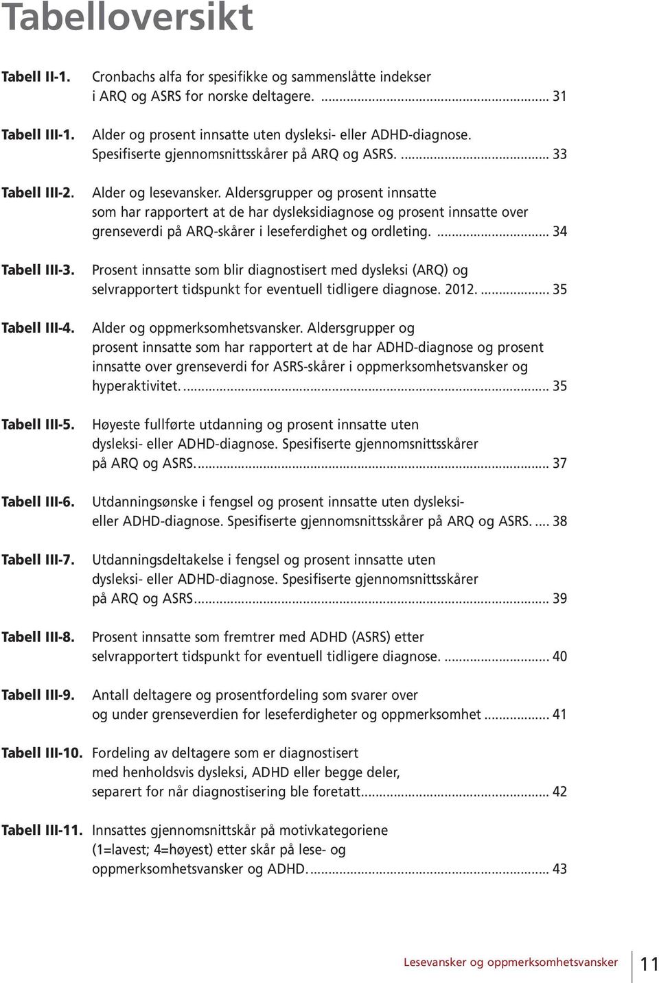 Spesifiserte gjennomsnittsskårer på ARQ og ASRS.... 33 Alder og lesevansker.