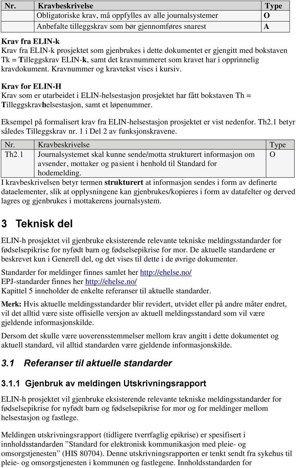 Krav for ELIN-H Krav som er utarbeidet i ELIN-helsestasjon prosjektet har fått bokstaven Th = Tilleggskravhelsestasjon, samt et løpenummer.