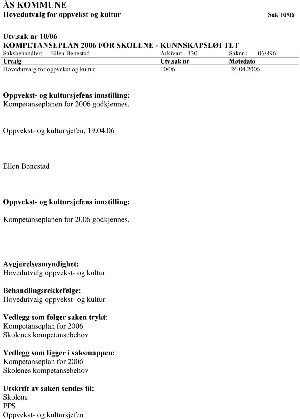 Avgjørelsesmyndighet: Hovedutvalg oppvekst- og kultur Behandlingsrekkefølge: Hovedutvalg oppvekst- og kultur Vedlegg som følger saken trykt: Kompetanseplan for 2006 Skolenes kompetansebehov Vedlegg