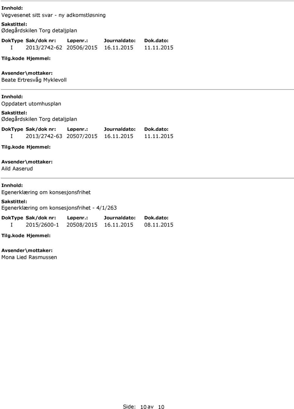 detaljplan 2013/2742-63 20507/2015 Aild Aaserud nnhold: Egenerklæring om konsesjonsfrihet