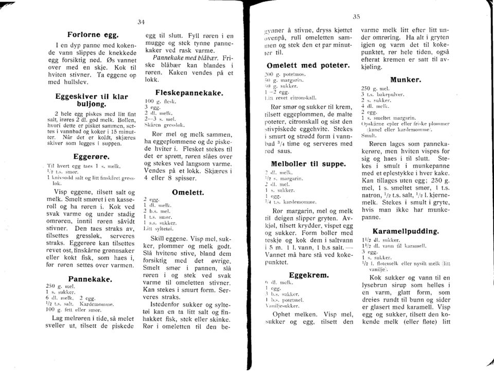 Eggerore. taes 1 s' merk' ;il Jl,:"::,,;ss 1 linivsorid salt og litt finsl<irret g'ress- I oli. Pannekake. 250 g. rnel. I s. suklier. 6, rii. rnelk. 2 t/z t.s, salt. Iiardernornnre. "gg. 100 g.