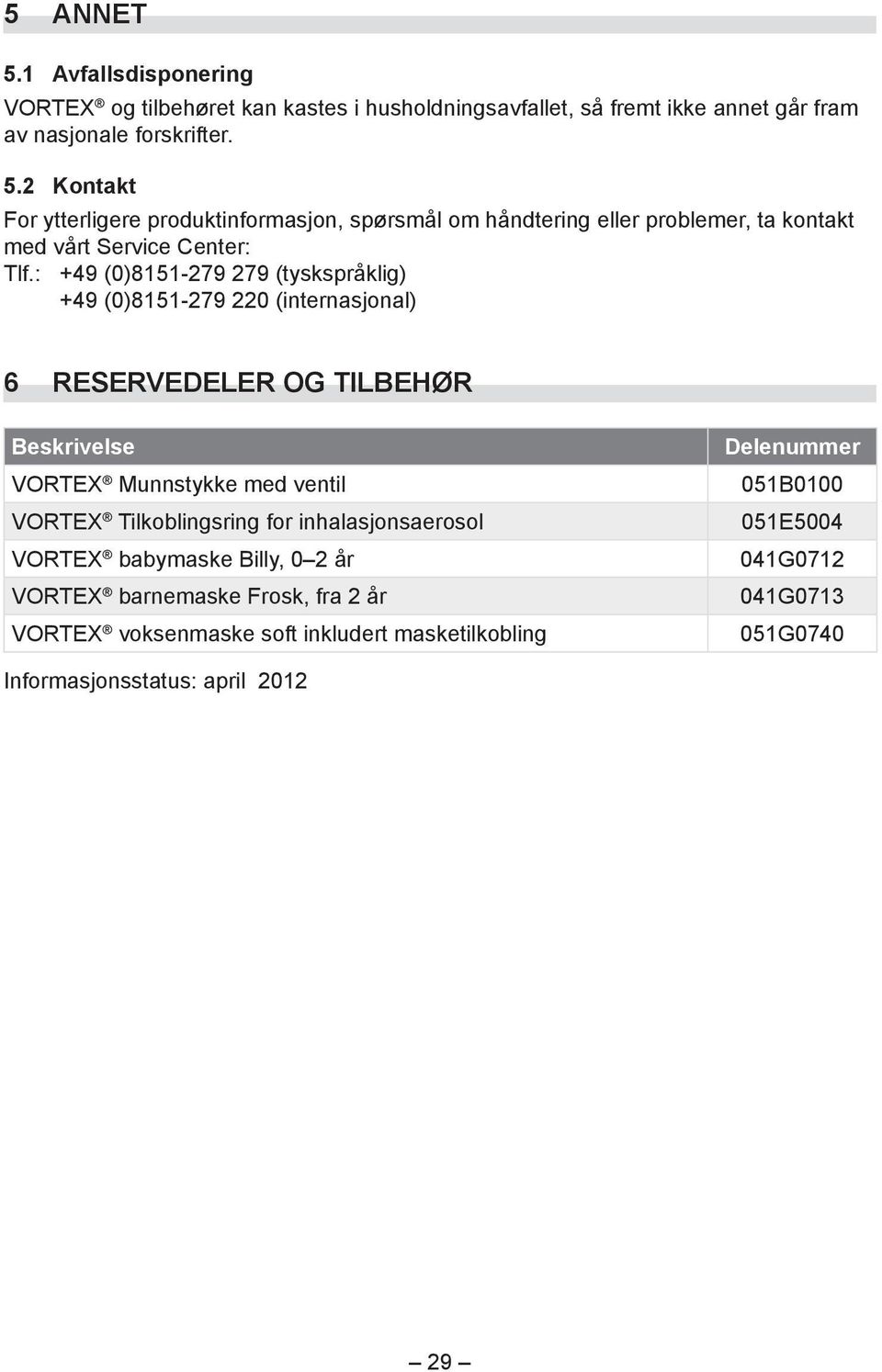 for inhalasjonsaerosol VORTEX babymaske Billy, 0 2 år VORTEX barnemaske Frosk, fra 2 år VORTEX voksenmaske soft inkludert masketilkobling Delenummer 051B0100