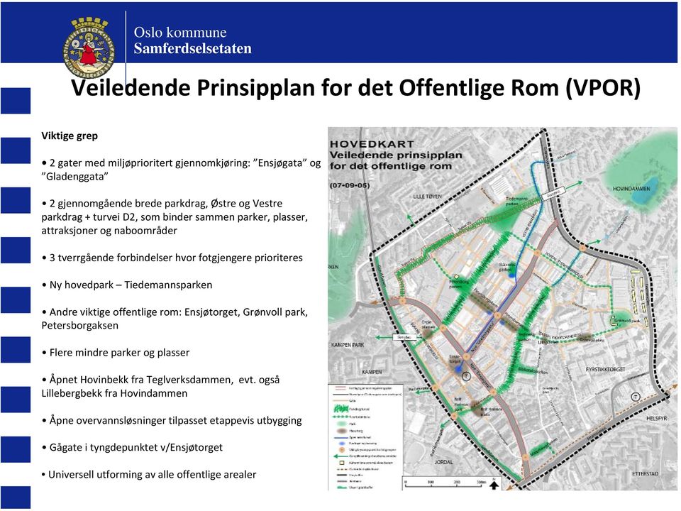 prioriteres Ny hovedpark Tiedemannsparken Andre viktige offentlige rom: Ensjøtorget, Grønvoll park, Petersborgaksen Flere mindre parker og plasser Åpnet Hovinbekk fra